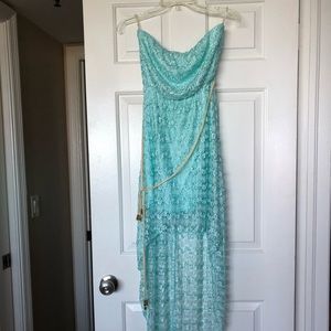 Mermaid Aqua Blue Strapless Lace Maxi Dress